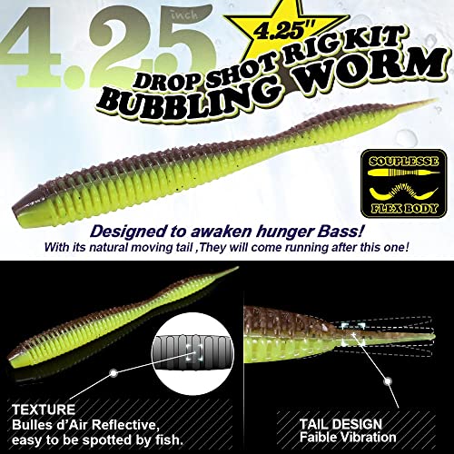 Drop-Shot-Rigs-for-Bass-Fishing-Soft-Plastic-Lures-Worm Fishing Hooks, 4 inch Rubber Worms, Wacky Worms, Straight Tail Stick Baits -22 Piece Kit with 10 Bodies, 6 Hooks, 6 Weights