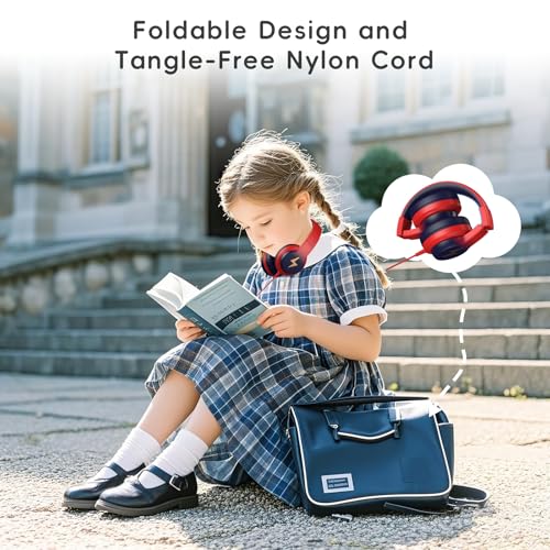 Image of Candy Bila Kids Headphones, Wired Headphones for Kids Over Ear with Microphone, 85 /94dB Volume Headphone for Girls Boys, Foldable Headphone for Learning & Entertainment, Gradient red to Dark Blue