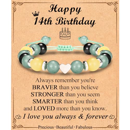 8-18 Year Old Girls Birthday Gifts, Sweet Heart Charm Birthday Bracelet with Happy 8-18th Birthday Message Card + Natural Stone Meaning's Card for Daughter/Granddaughter/Niece/Best Friend