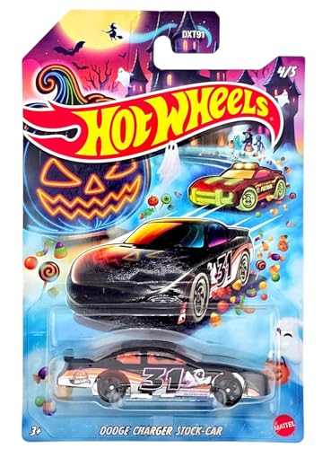 Hot Wheels Halloween Theme Die-Cast Toy Cars Set of 5, Includes Rockin' Railer, Baja Hauler, Alpha Pursuit, Dodge Charger Stock Car, Hot Wheels High DXT91-979J - image 4