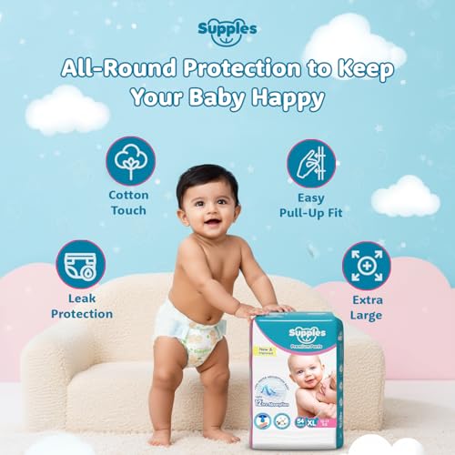 Image of Amazon Brand - Supples Premium Baby Diaper Pants | 54 Baby Diapers | XL | 12-17 Kg | 12 Hrs Absorption | Cushiony Cotton Soft Fabric | Phthalates-Free | Triple Leak Guard (Pack of 3)