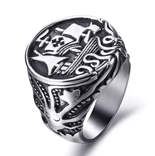 ELFASIO Viking Drakkar Ship Kraken Norse Sea Monster Octopus Squid Tentacle Stainless Steel Ring Vintage Size 11