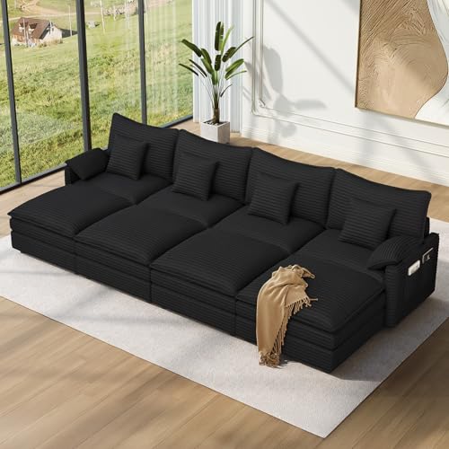 Image of Vesgantti 142 inch Oversized Sectional Sofa Bed, 8-Seater Modular Sleeper Cloud Couch with Movable Ottoman, Corduroy Convertible Sofa Set Deep Seat Couches for Living Room, Bedroom and Apartment, Black