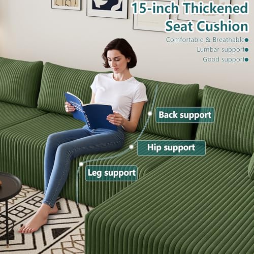 Image of 160 inch U-Shape Cloud Couch, Modern Modular Sectional U-Shape Sofa, Corduroy Boneless Couch Upholstered Couches Deep Seat Sleeper Chaise Longue for Living Room, No Assembly Required,Green