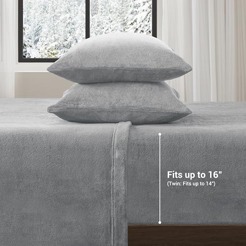 Image of True North by Sleep Philosophy Plush Sheet Set Full, Solid Color, Warm & Soft Bedding Full Size Sheets, Fitted Pocket Fits Up to 16 inch Mattress, Soloft, Full, Grey, 4 Piece