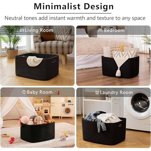 Image of OIAHOMY XXLarge Rectangle Blanket Basket-96L, Cotton Woven Basket for Storage, Dirty Clothes Baskets for Living Room, Nursery, Bedroom, Toy Organizing with Handle, 24 inch x 16 inch x 15 inch, Charcoal Black