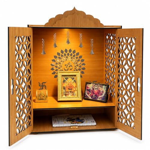 Image of Zesta Wooden Mandir for Home Big Size | DIY Pooja Mandir with LED Spot Light | Devghar Cabinet for Living Room or Office | Wall Mounted Pooja Unit for Home (Big Mandir with Door)