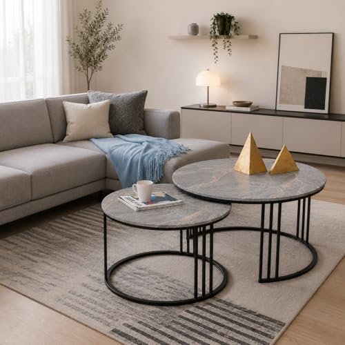 Image of Coffee Table Round Sofa Small Side Table Nesting Table, Modern Negotiation Table Combination Table, Suitable for Living Room Bedroom Side Table (Black Grey)