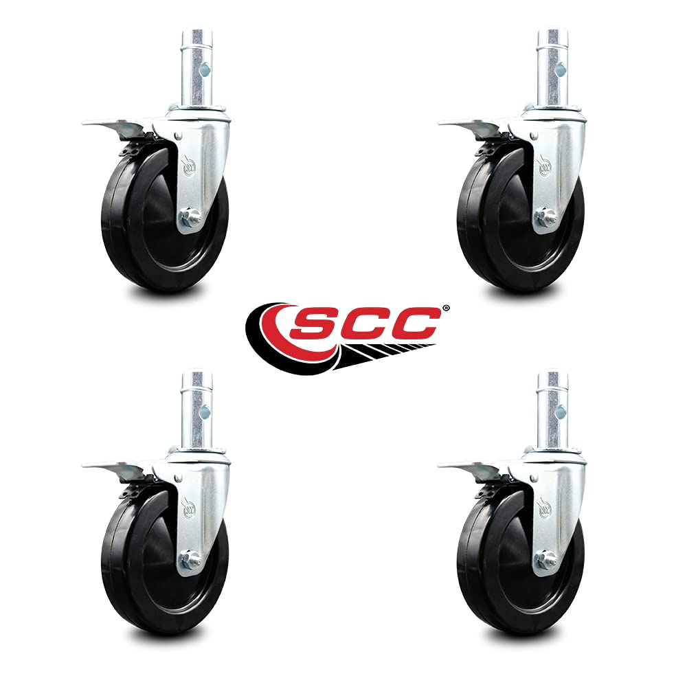 5 Inch Swivel Scaffolding Wheels Caster Set of 4 - Black Hard Rubber Wheels - 1-3/64 Inch x 2-3/4 Inch Grip Ring Stems-300 lbs. Capacity Per Caster-Total Lock Brakes-Service Caster Brand
