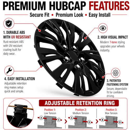 Image of LYDS Shift BG Gloss Black Universal 16 inch Premium ABS Hubcap Wheel Cover Replacement Set of 4 - OWC-16BG