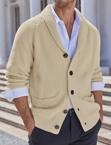 Karlywindow Mens Shawl Collar Cardigan Sweater Cable Knit Button Down Winter Chunky Sweater with Pockets3
