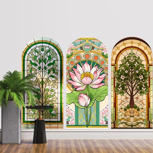 Image of Ridit Creation Stained Glass Window Style Wall Poster Set of 3 (120x90 cm) | Lotus Flower & Tree Design Decorative Wall Art | Modern Aesthetic Wall Posters for Living Room, Bedroom & Office Decor