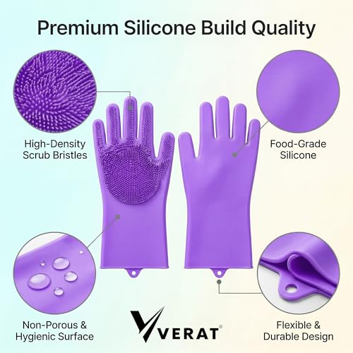 Image of Kitchen Dishwashing Gloves for Washing Dishes - Reusable Rubber /Silicone Cleaning Gloves for Kitchen, Bathroom & Car Cleaning - Waterproof Household Hand Gloves for Women, Home Essentials (Purple)