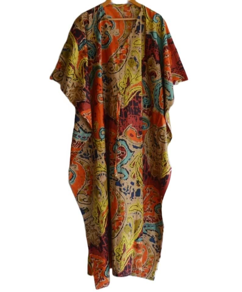 Cotton Printed Handmade Kaftan Dress, Indian Hand Block Print Sleepwear Maxi Dress Kimono Robe, Women Beach Cover up Women Night Dress Multi3