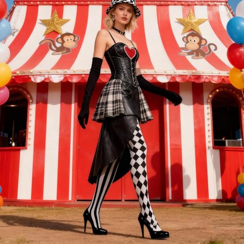 Clown Kostüm Damen,Fasching Zirkus Harlekin Schwarz Weiß Strümpfe Accessoires Pantomime Pierrot Strumpfhose Costume Karneval Clowns Overknee Langstrumpf Kostüme Zubehör Clownshose (120cm Schwarz Weiß)