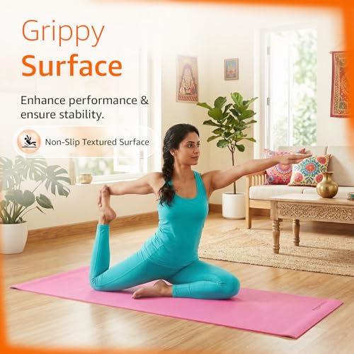 Image of Amazon Basics PVC Yoga & Exercise Mat with Carrying Strap | 6 mm Thick | Non-Slip Textured Surface | Lightweight & Durable | Floor Protection | Ideal for Yoga, Pilates & Workouts | Pink