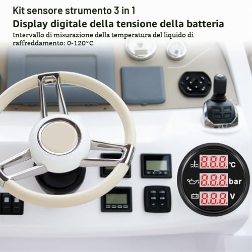 SIXRUN Strumento 3 in 1, Misuratore Digitale Temperatura Liquido Raffreddamento Pressione Olio Voltaggio, 52mm, 12V, Display Rosso, IP67, per Auto Barca Camion