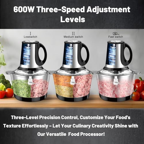Hachoir Électrique 600W, bol en acier inoxydable 2L 3 vitesse processeur alimentaire pour la viande, les légumes, l'ail, la noix – Image 4
