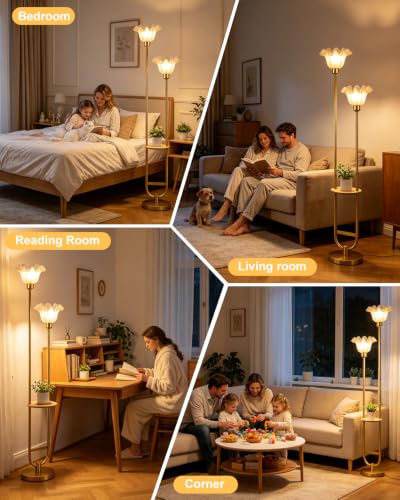Image of Flower Floor Lamps with Table, 2-Lights Dimmable Floral Floor Lamp, 3000K Warmwhite Modern Floor Lamp, Vintage Gold Standing Lamp with 5Lbs Heavy Base for Living Room Bedroom Girls Room