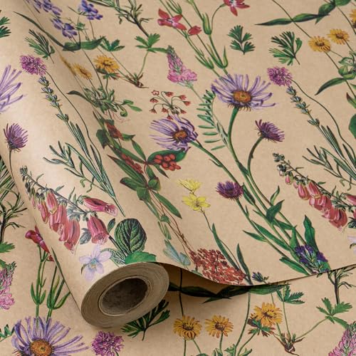 RUSPEPA Kraft Wrapping Paper Roll - Mini Roll - Diseño de flores silvestres Ideal para cumpleaños, fiestas, baby shower - 43,2 cm x 10 m