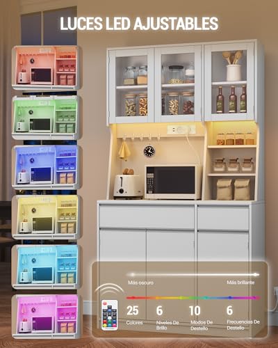 Miniatura 7 de Hzuaneri Alacena De Cocina, Aparador Comedor, Armario Cocina Almacenaje Con Regleta Y Tira De Luces Led, Encimera Y 2 Cajones, Estantes Regulables,Área Culinaria, Salón, 40x100x180cm, Blanco