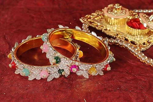 Image of LAVAZZA Stylish Butterfly Design Golden Metal with Zircon Diamond & Pearls Moti Bangles Kada For Women & Girls | Traditional Girl's Bangles Bracelet | Women's Kangan Wedding, Party-Set of 2
