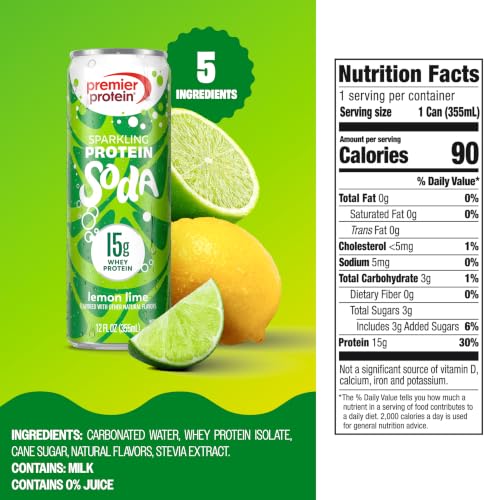 Image of Premier Protein Sparkling Protein Soda, Lemon Lime, 15g Whey, 4 Pack | Soft Drink with Benefits, 5 Ingredients, No Artificial Colors or Flavors, 3g Sugar, 12 oz