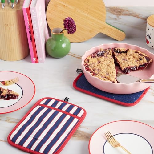 Image of kate spade new york Botanical Stripe Pot Holder 2-Pack Set, 7 inch x 10 inch, Navy Blue /Red