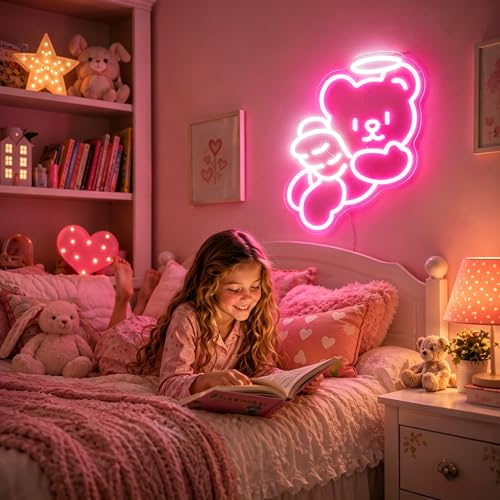 Image of Bear Angel Neon Sign Led Neon Lights Neon Signs for Wall Decor Light Up Sign for Birthday Party Club Gift