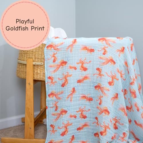 Image of LollyBanks Baby Swaddle Blanket for Boys and Girls, 100% Cotton Muslin Blankets, Soft and Lightweight 47 x 47 Inches Swaddles for Newborns, Gentle Baby Blankets, Infant Essentials (Goldfish Print)