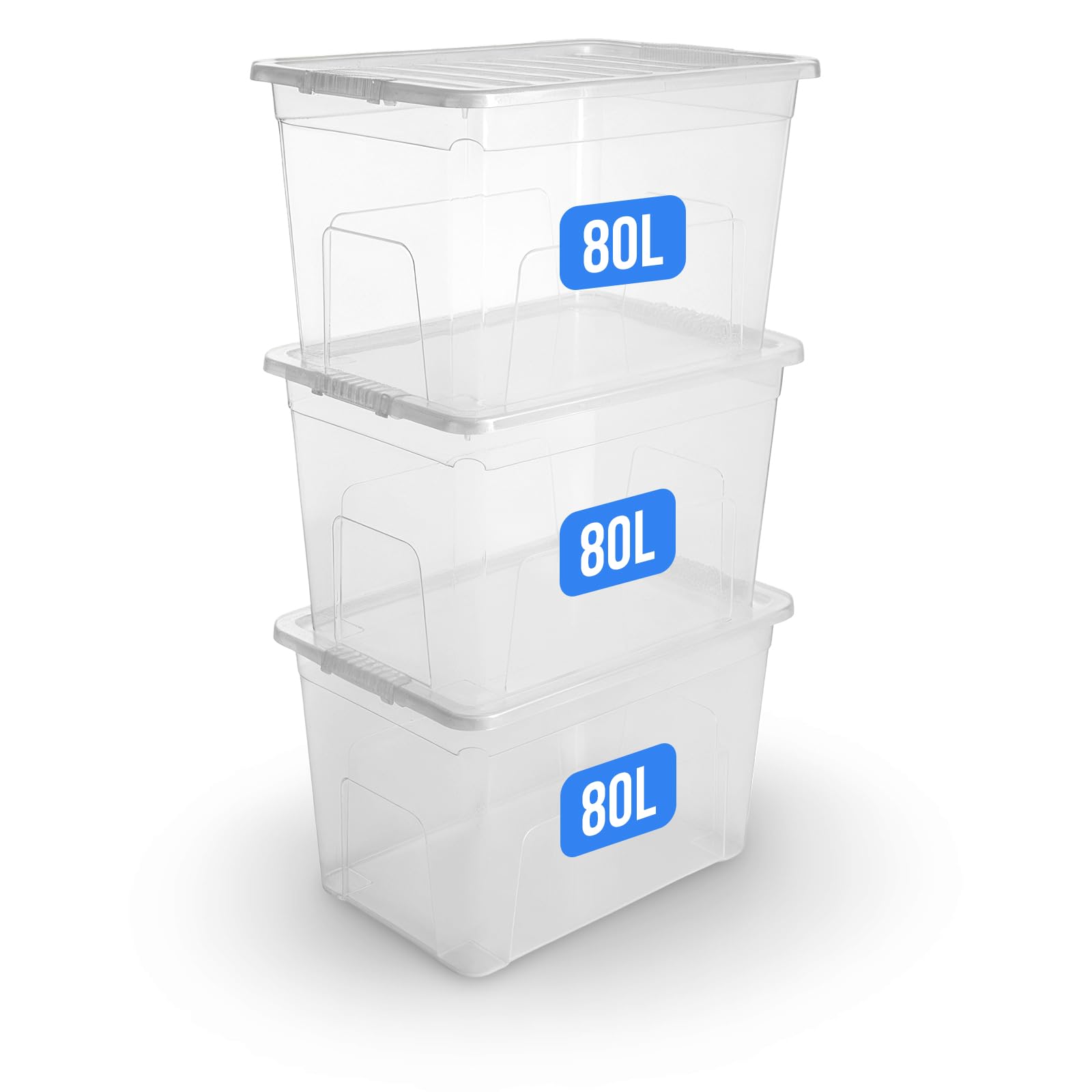 KAPCO Large Storage Box with Lid – 3 x 80L Clear Plastic Containers – Stackable Nesting Storage Bins for Clothes, Toys, Kitchen, Garage, Home & Office – BPA-Free, Made in UK, Heavy Duty Boxes