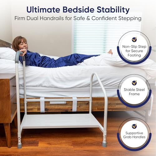 Image of step2bed Bed Step Stool for Adults - Adjustable Bedside Platform with Safety Handle, Motion Sensor Light & Wide Base, Bedside Steps for Beds and Seniors