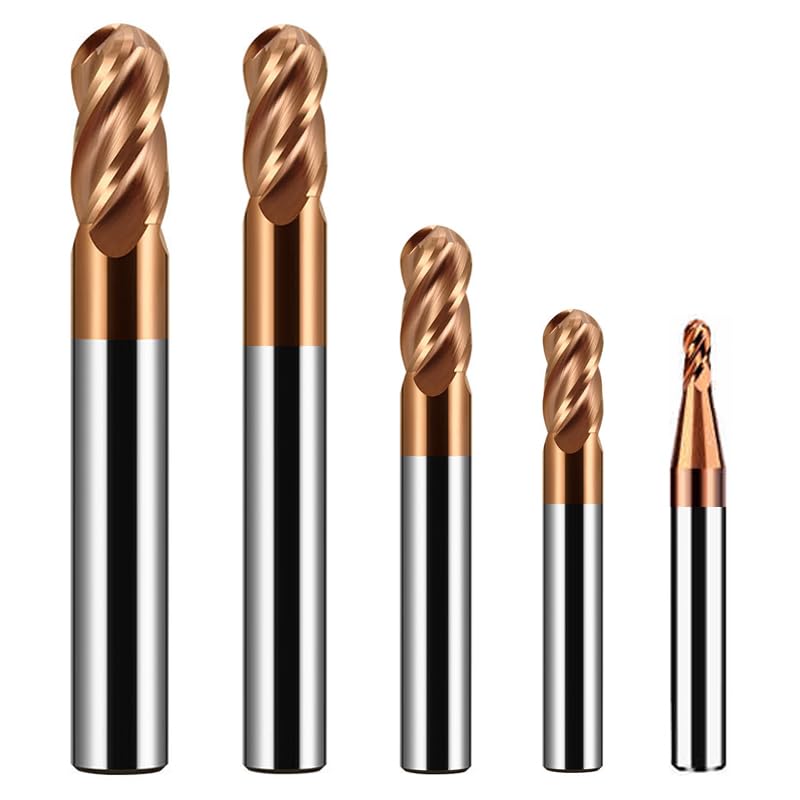 1/16" 1/8" 3/16" 1/4" 3/8" Carbide Ball Nose end Mill Bits Set - 5Pcs 4 Flutes TISIN Coated - for Alloy Steels, Hardened Steels