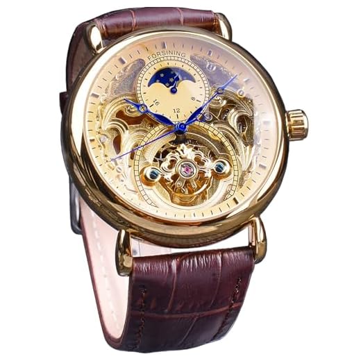 FORSINING Relógio masculino de luxo com fase da lua e turbilhão, relógio de pulso mecânico oco de esqueleto retrô, cinto de couro, movimento automático, relógios masculinos, Ouro, ouro, Mecânico