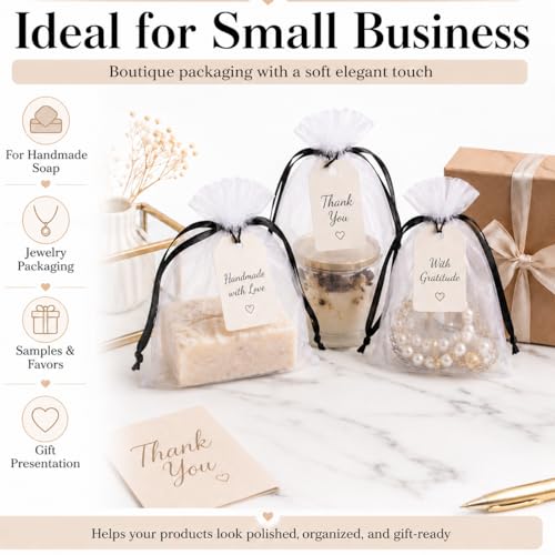 Image of Hopttreely White Organza Bags with Black Drawstring, 5x7 Inch 50 Pack Sheer Mesh Gift & Favor Bags for Party Wedding, Christmas, Sachet, Small Business, Fruit Protection Netting