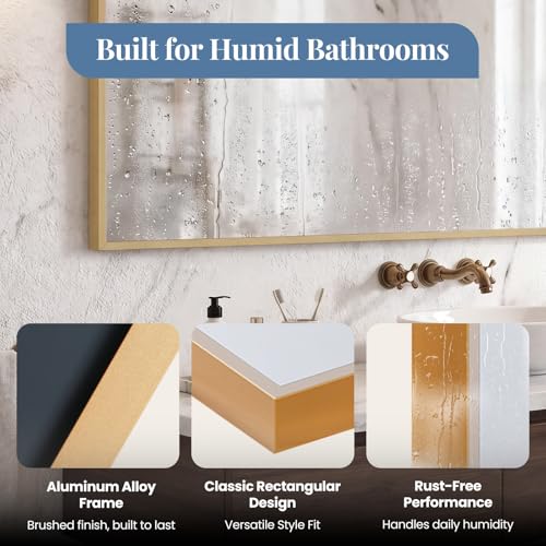 Image of NEWBULIG 30 inch x 40 inch Gold Rectangle Bathroom Mirrors for Wall, Morden Wall Mirror with Metal Frame, Tempered Glass, Vanity Mirror for Over Sink, Entryway, Living Room, Anti-Rust, Horizontal or Vertical