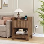 HOOBRO Nightstand, Bedside Table with Charging Station, Farmhouse Style Storage Side Table with Hidden Drawer, for Bedroom, Study, Dark Walnut WL351UBZ01