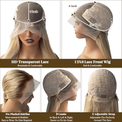 Image of Belaved Highlight Lace Front Wig Human Hair No Shedding Salon-QualityHD Frontal Real Human Hair Pre Plucked Glueless 180% Density Balayage 13x6 Straight Wigs for Women 20 Inch