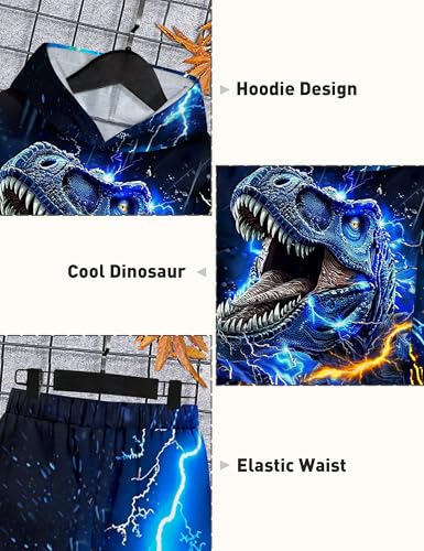 Image of Boys Clothes, T-Rex Print Dinosaur Boy Clothes Fall Winter Outfits Long-sleeved Hooded Sweatshirt Pants 2Pcs Set