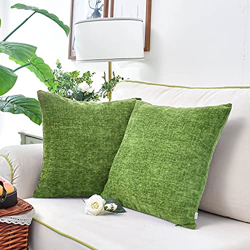 Image of CaliTime Pack of 2 Cozy Throw Pillow Covers Cases for Couch Sofa Home Decoration Solid Dyed Soft Chenille 12 X 12 Inches Forest Green