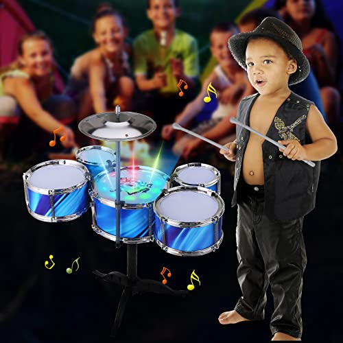 Kids Jazz Drum Set For Toddlers 1-3 (15-Piece), Musical Instrument Drum Kit For Beginner Music Practice W/ 4 Lights, 6 Drums, 2 Cymbals, 2 Drumsticks, Stool (Blue) #TOP6