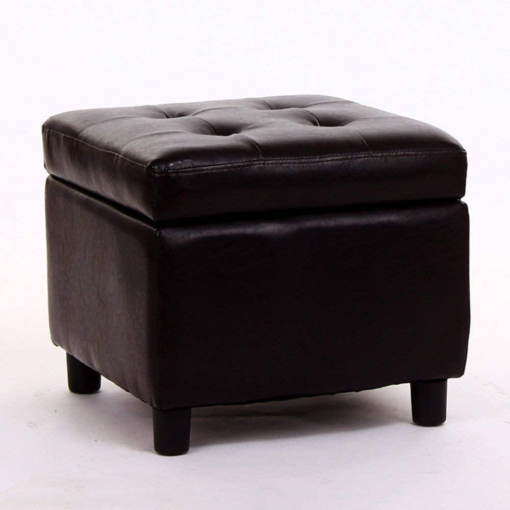Pouf de rangement carré en cuir marron avec pieds en bois