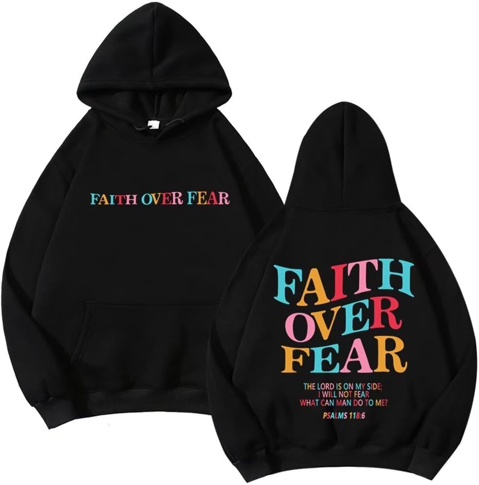 Faith Over Fear Hoodie Womens Christian Graphic Cute Hoodies Cotton Blend Sweatshirt Casual Tops