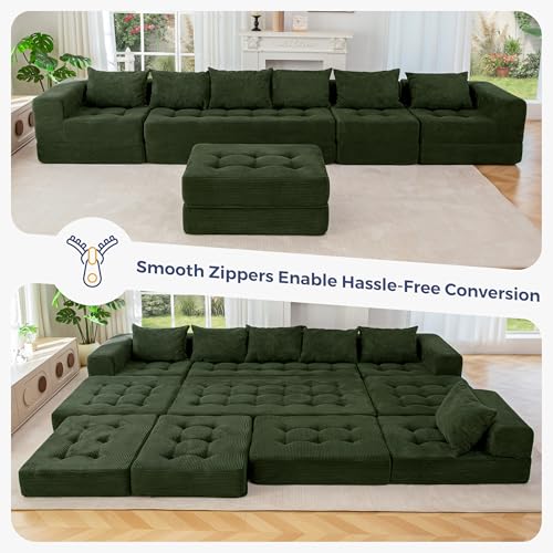 Image of MAXYOYO Modular Sectional Sofa Couch, Foldable U Shaped Cloud Couch with Pillows, Tufted 7-Seat Boneless Lounger Floor Sofa Bed for Living Room, No Assembly Required, Dark Green