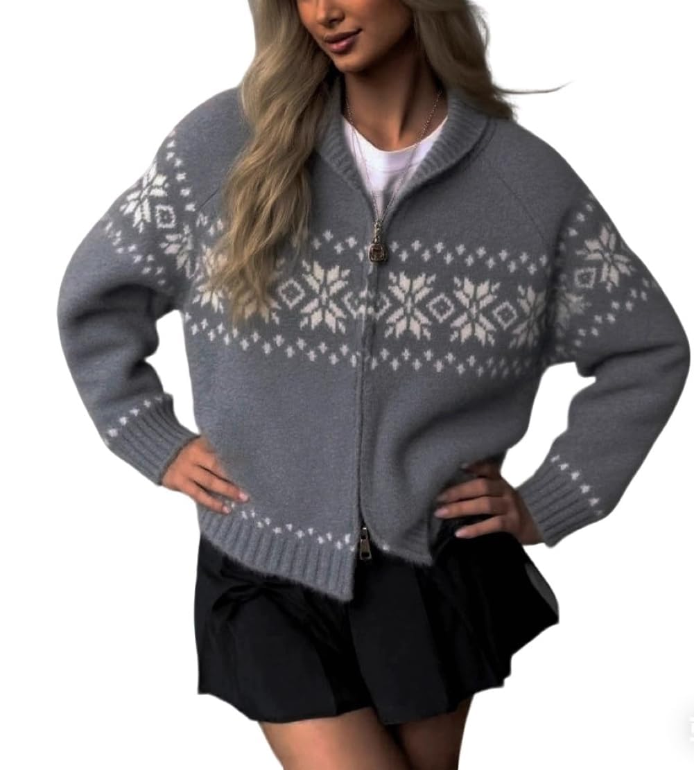 Womens Fair Isle Knit Zip Cardigan Snowflake Pattern Stand Collar Oversized Warm Sweater with Pockets