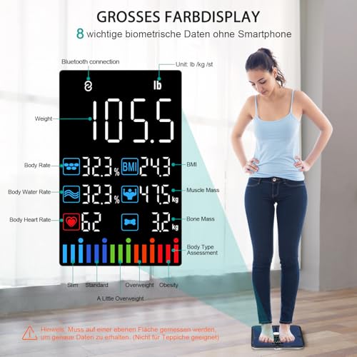 ABLEGRID Wiederaufladbar Körperfettwaage, LED Personenwaage Digital Mit Körperfett Und Muskelmasse Körperfettanalyse, 16 Messungen Der Körperzusammensetzung BMI, Herzfrequenz, 180kg, Schwarz 2