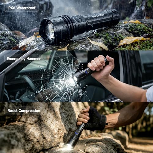 Image of SKYFIRE 1376 LED Flashlights with Ignition Lens, Rechargeable 2000 High Lumens Super Bright Zoomable Flash Light, 5 Modes Waterproof Handheld Powerful Tactical Flashlight for Emergency Camping (Black)