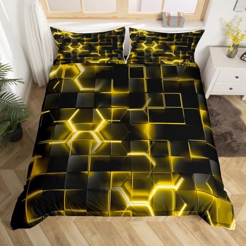 Loussiesd Jaune et Noir Parure de Lit Pein d'abeille Housse de Couette 140x200cm pour Enfants Garçons Filles décor Géométrie Hexagon thème Housse de...