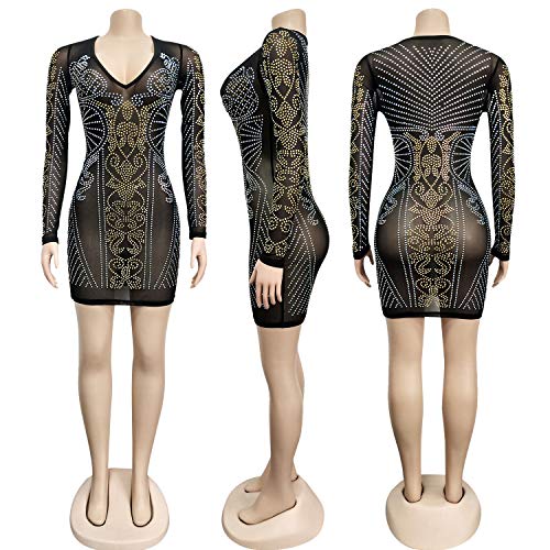 Porrcey Women's Sexy Hot Drilling Craft Long-Sleeved Dress Body Party Club Night Out Dress (3371,Black,L) #TOP3