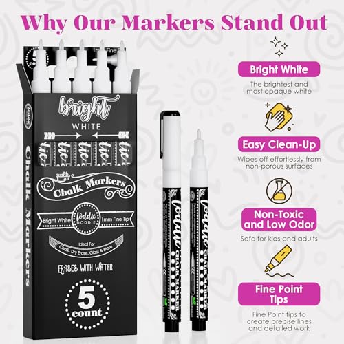 Image of Loddie Doddie Liquid Chalk Markers for Chalkboard - 5 Pack, 1 mm Point, White - Erasable & Low-Odor Non-Toxic Ink - Chalk Pen & Window Markers for Glass